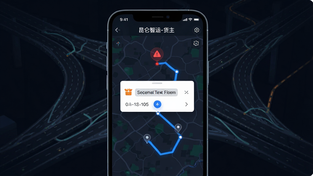 一张展示“昆仑智运-货主”在途跟踪功能的场景图,画面为手机屏幕显示地图轨迹与预警弹窗,背景为抽象道路网络,布局为居中手机展示,风格为深色科技风,细节包括红色预警标记、蓝色轨迹线、时间戳,画质高清,干净,无多余元素
