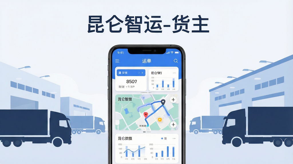 一张展示“昆仑智运-货主”手机应用主界面的场景图,画面中央是一台竖屏安卓手机,屏幕显示运单列表与地图轨迹卡片,背景为简洁的物流园区与货车剪影,布局采用居中构图,上方留出软件名称“昆仑智运-货主”文字,风格为现代扁平化科技风,细节包括蓝色主色调、卡片圆角、数据图表元素,画质高清,干净,无多余元素