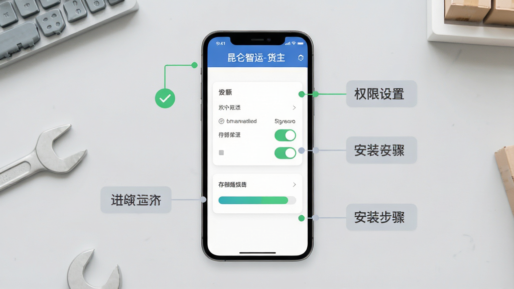 一张展示“昆仑智运-货主”新手操作指引的示意图,画面为手机屏幕显示权限设置与安装步骤,背景为浅灰色工作台,布局为居中手机与步骤标签,风格为清新扁平化,细节包括对勾图标、权限开关、存储条,画质高清,干净,无多余元素
