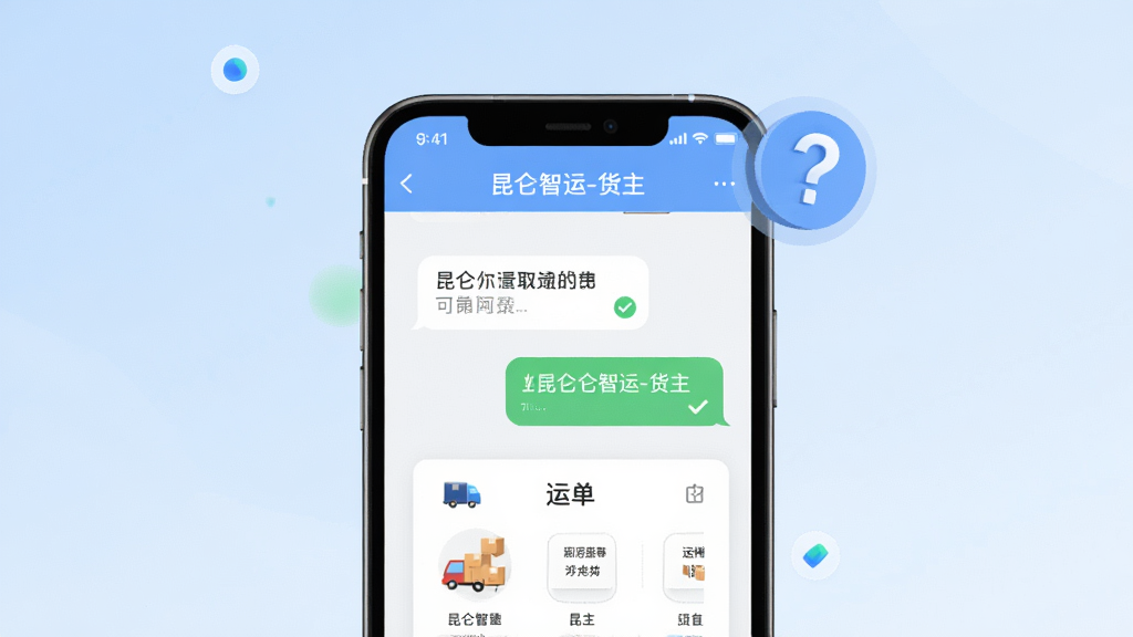 一张展示“昆仑智运-货主”问答场景的示意图,画面为手机屏幕显示问答对话与运单卡片,背景为浅蓝色渐变,布局为居中手机与问号图标,风格为简洁现代,细节包括对话气泡、对勾标记、物流图标,画质高清,干净,无多余元素