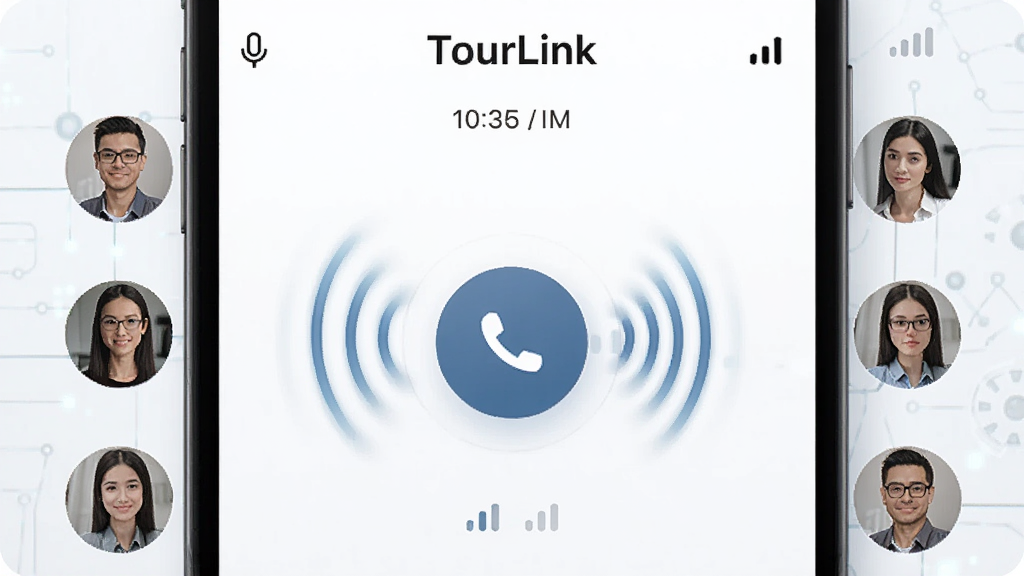 һ����Ϊ TourLink ���ֻ�Ӧ�ý�����д������������Բ��ͨ����ť��������ɢ���������������������߳�Աͷ�񣬶�����ʾƵ�����ƣ�����Ϊǳɫ�Ƽ����������ּ��Գƣ����Ϊ�ƶ�Ӧ������ͼ��ϸ�ڰ�����˷�ͼ�ꡢ�ź�ǿ������ʱ��������ʸ��塢�ɾ����޶���Ԫ��