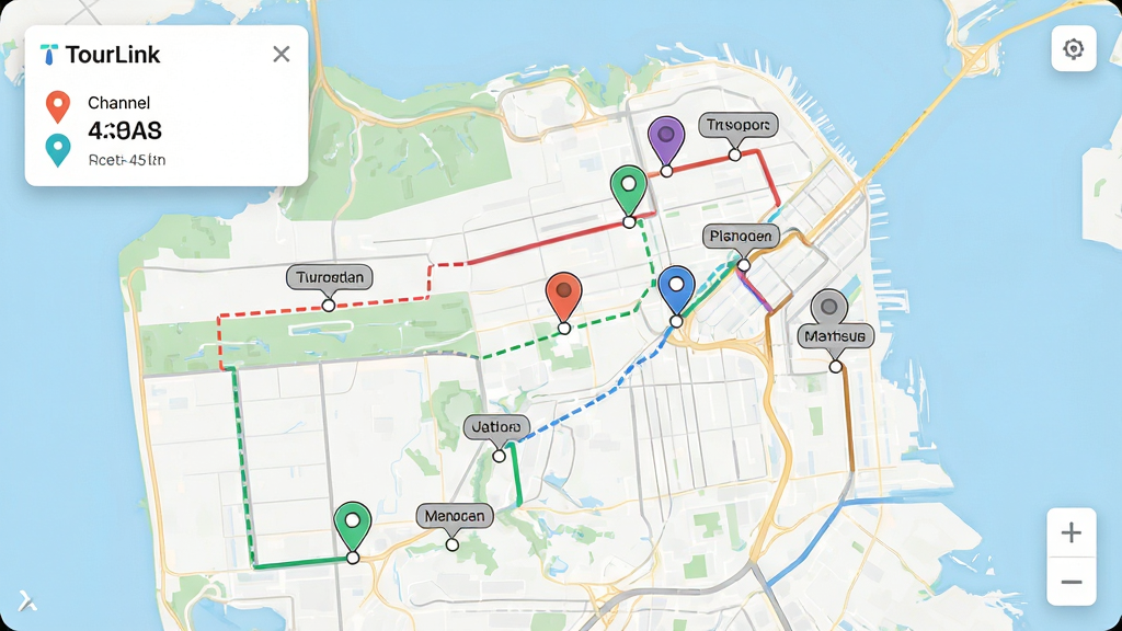 һ����Ϊ TourLink �ĵ�ͼЭͬ����ʾ��ͼ����������ʾ������ɫ·��������Ա��λ��ǣ����Ͻ���Ƶ����Ϣ��Ƭ�����½������ſؼ�������Ϊ����ͼ��ͼ�����ֲ���ȫ����ͼ��������壬���Ϊ�ִ�����Ӧ���Ӿ���ϸ�ڰ�����λ�롢·�����ߡ���Ա�ǳƱ�ǩ�����ʸ��塢�ɾ����޶���Ԫ��