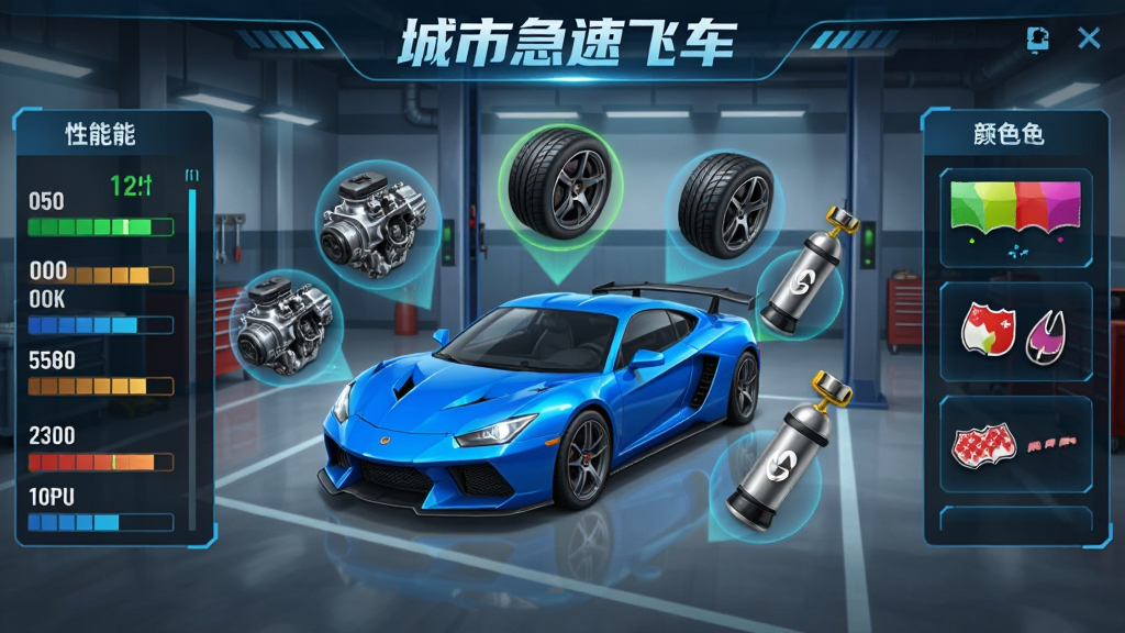 ���м��ٷɳ������װ���棬һ����ɫ�ܳ�ͣ��ά�޳������룬��Χ���������桢��̥������ƿ�ȸ�װ���ͼ�꣬���������ʾ������ֵ�����Ҳ�����ɫ����ֽѡ�����Ϊ�Ƽ���UI��񣬻������࣬ͻ�������м��ٷɳ�����װϵͳ