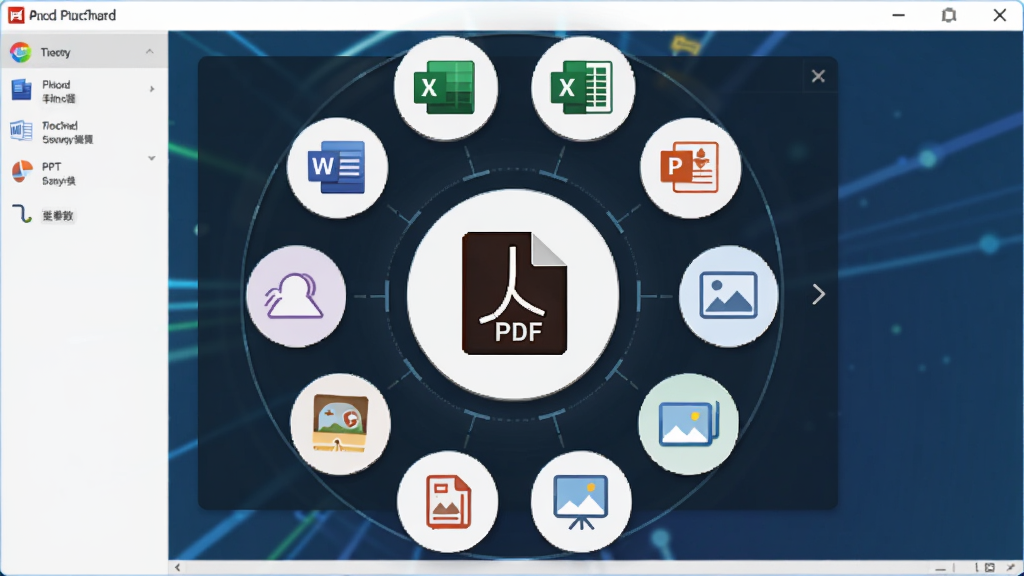 全能王PDF转换器多格式转换功能展示图,主体为软件界面中央的格式选择面板,布局为圆形图标环绕中心PDF标志,排版呈放射状排列,风格为科技感扁平化设计,细节包含Word、Excel、PPT、图片等彩色图标,画质清晰,干净,无多余元素