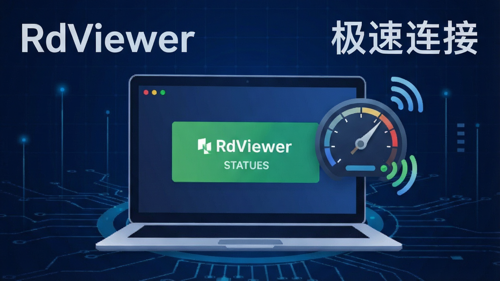 һ��չʾ RdViewer �������ӹ��ܵĿƼ�����ͼ������������һ̨�ʼǱ�������Ļ����Ļ����ʾ RdViewer ���ӳɹ�����ɫ״̬��ʾ���Ա����ٶ��Ǳ��̺��źŲ���ͼ�꣬����Ϊ����ɫ�Ƽ��������������ִ������������ֱ�ע 