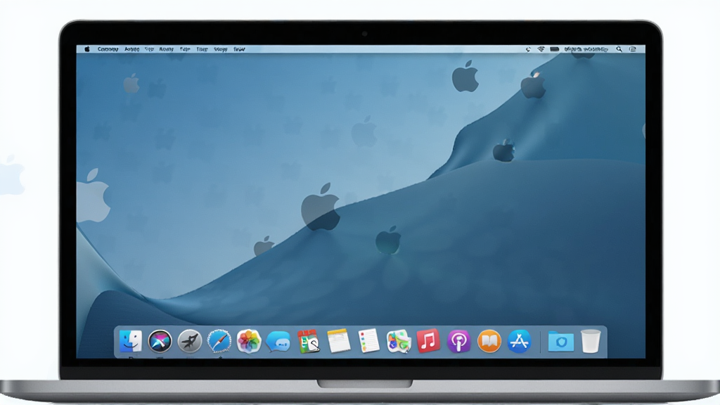 һ̨�ʼǱ�������Ļ��չʾ��Mac����������棬�����а�͸���˵������ײ���Dock�������Ÿ���Ӧ�ó���ͼ�꣬������ƻ�����ı�ֽ�����������ִ��������������ɾ����޶���Ԫ��