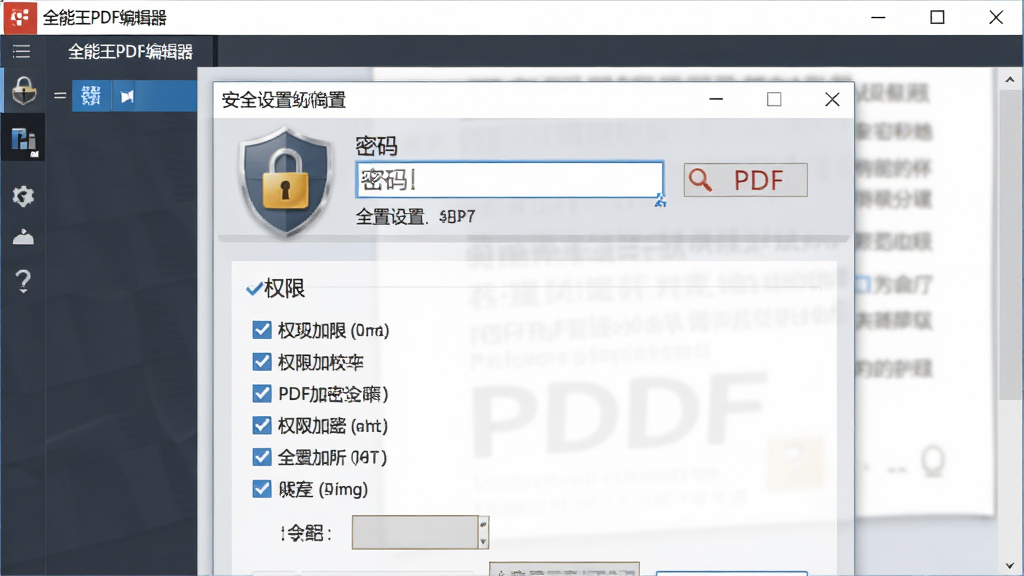 һ��չʾPDF�������ù��ܵĽ���ͼ�������ǵ�����Ļ�еġ�ȫ����PDF�༭������ȫ���ô��ڣ�����Ϊ�Ϸ��������������·�Ȩ�޹�ѡ�б������Ϊ���ذ�ȫ�磬ϸ�ڰ�������ͼ�ꡢ�����Ȩ��ѡ����������ɾ����޶���Ԫ��