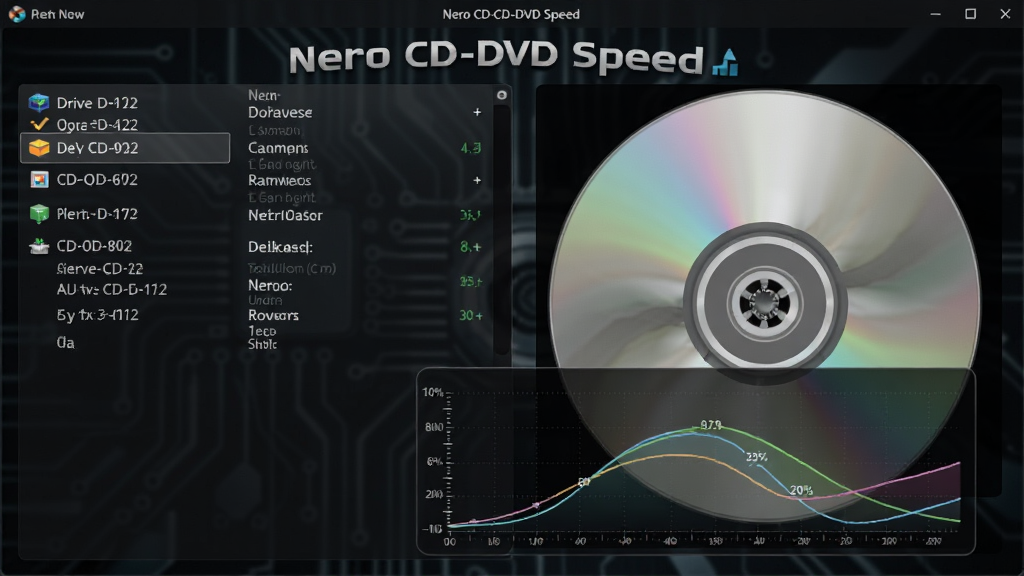 ��������������չʾ Nero CD-DVD Speed Ӣ�ı�ʶ������Ϊ��ɫ�Ƽ��������г������ͺ�����Ƭ��Ϣ���Ҳ���ʾһ������ɨ�������״����ͼ��������ͼ���������·������岼�����������רҵ��࣬ϸ�ڰ����̶�����ٷֱ����֣����ʸ��壬�ɾ����޶���Ԫ��