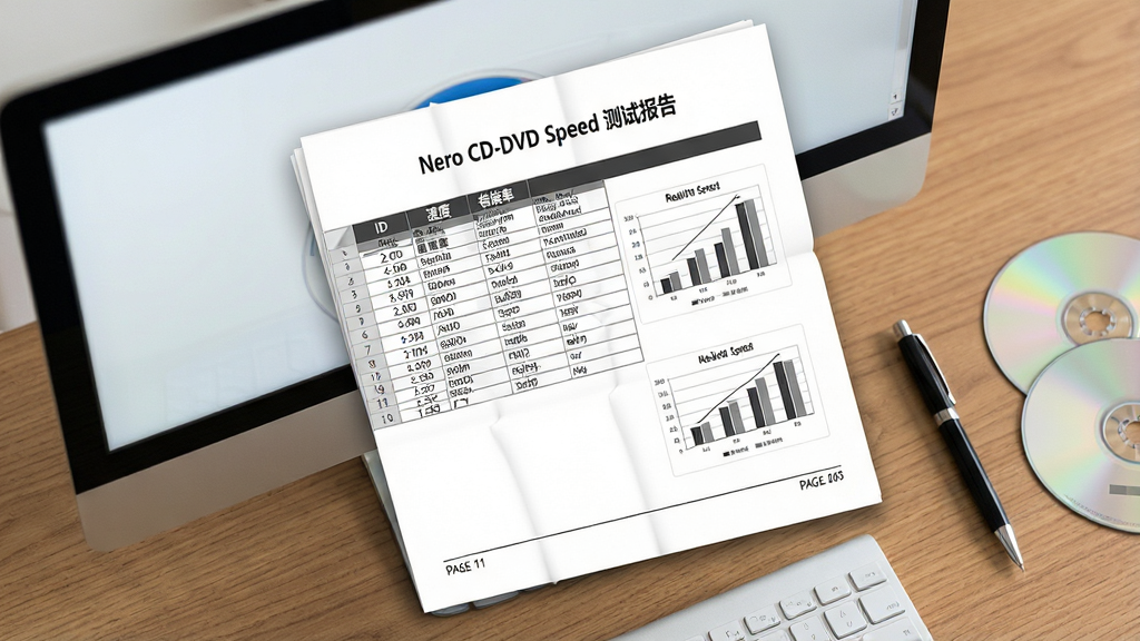 һ��չ���ĵ��ӱ����ĵ���������Ļ���룬�ĵ�����Ϊ��Nero CD-DVD Speed ���Ա��桱�������ڰ�����Ƭ ID���ٶȡ������ʵ���Ŀ���Ա߷���һ֧�ʺͼ��Ź��̣�����Ϊľ�ʰ칫���棬���ֲ���б���ӣ��ĵ�ռ�ݻ������壬�������칫��ϸ�ڰ���ͼ������ͼ��ҳ��ҳ�룬���ʸ��壬�ɾ����޶���Ԫ��
