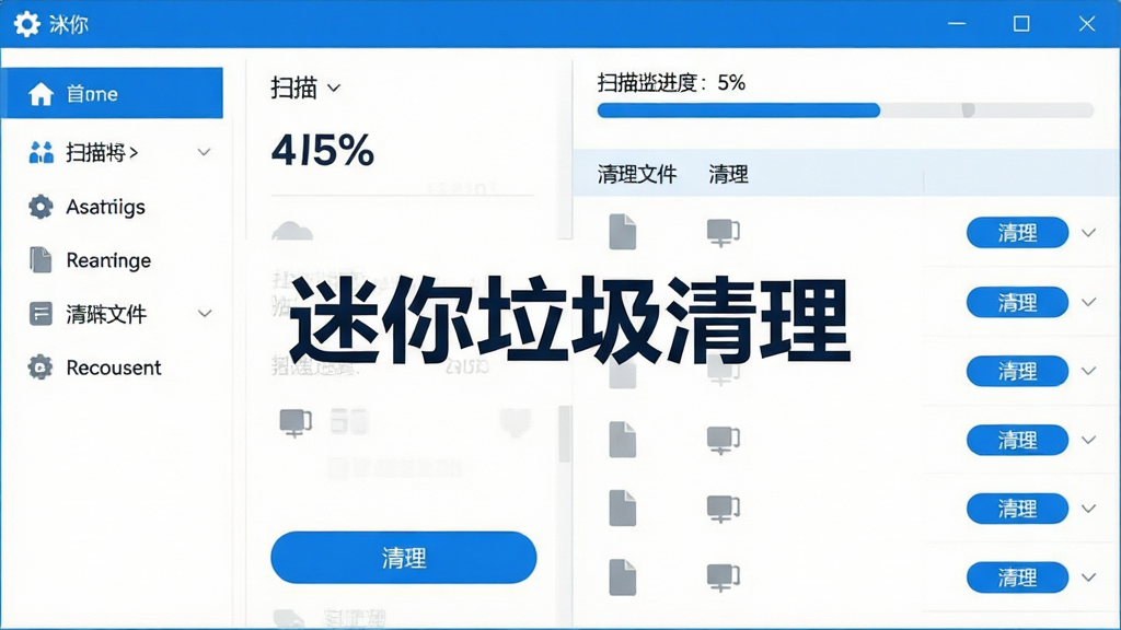 迷你垃圾清理软件主界面截图,主体为简洁清爽的软件窗口布局,左侧显示功能导航栏,右侧展示扫描进度条和已清理文件列表,整体采用蓝白配色方案,界面中央有醒目的
