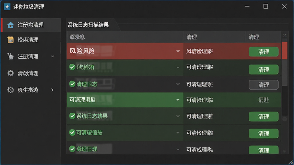 迷你垃圾清理深度清理模式界面图,主体为软件窗口展示注册表清理和系统日志扫描结果,布局为左侧功能菜单右侧详细列表,风格为深色专业工具风格,细节包括红色高亮的风险项、绿色安全的可清理项、清理按钮,界面顶部有