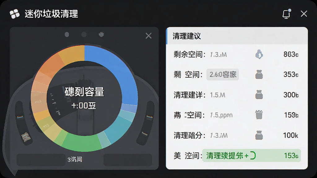 迷你垃圾清理空间监控面板展示图,主体为磁盘容量环形图和分区列表,布局为仪表盘式设计,风格为简约数据可视化风格,细节包括不同颜色的容量占比条、剩余空间数字、清理建议提示,画面中包含