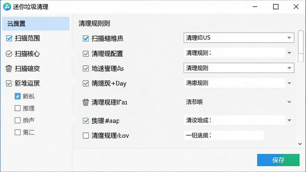 迷你垃圾清理软件设置界面截图,主体为软件设置面板展示扫描范围选项和清理规则配置,布局为左侧分类右侧详细选项,风格为清爽工具类界面设计,细节包括复选框、下拉菜单、保存按钮,界面中显示