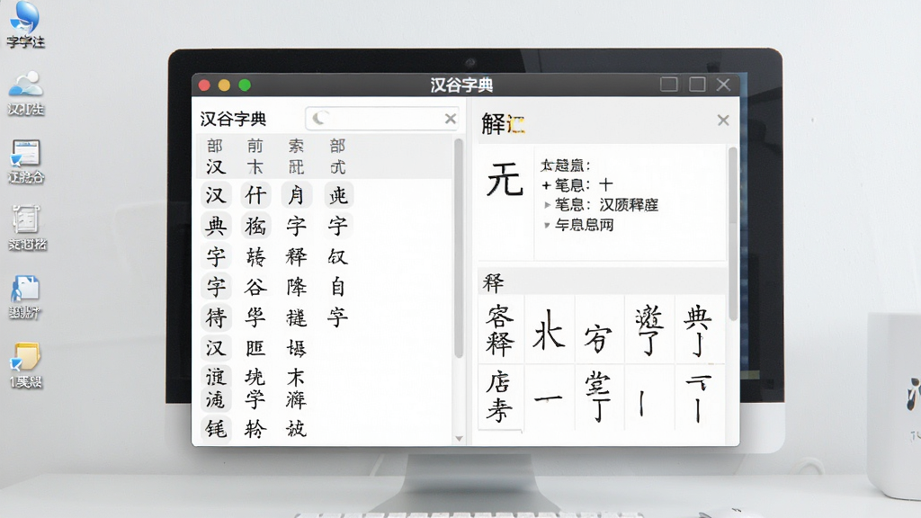 一张展示汉谷字典软件界面的图片,画面中央是字典查询窗口,左侧显示汉字部首索引,右侧展示汉字释义和笔画信息,背景是整洁的电脑桌面,风格简洁商务,画质清晰干净,无多余元素