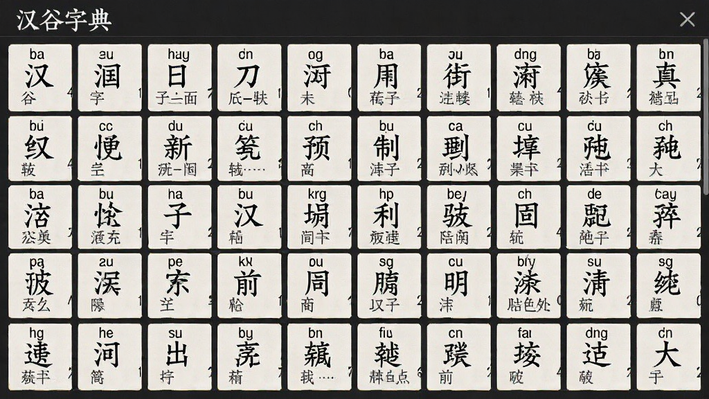 一张展示汉谷字典字库界面的图片,画面中整齐排列着大量汉字条目,每个条目旁标注拼音和简短释义,布局清晰有序,风格简约素雅,画质干净,无多余元素