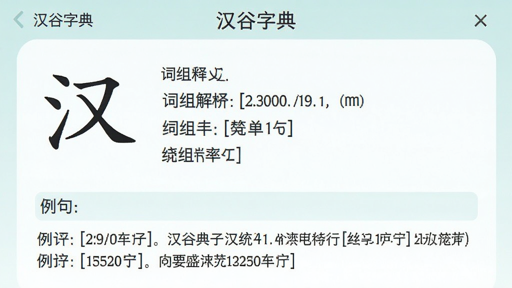 一张展示汉谷字典汉字详情页的图片,画面中显示一个汉字的完整释义、词组列表和例句,排版层次分明,风格清新浅色,画质干净,无多余元素