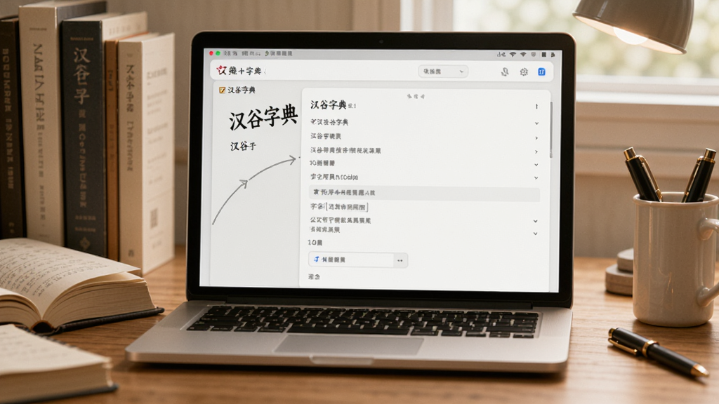 一张展示汉谷字典离线使用场景的图片,画面中一台笔记本电脑放置在书桌上,屏幕上显示字典查询界面,周围有书籍和文具,风格温馨学习氛围,画质清晰,无多余元素