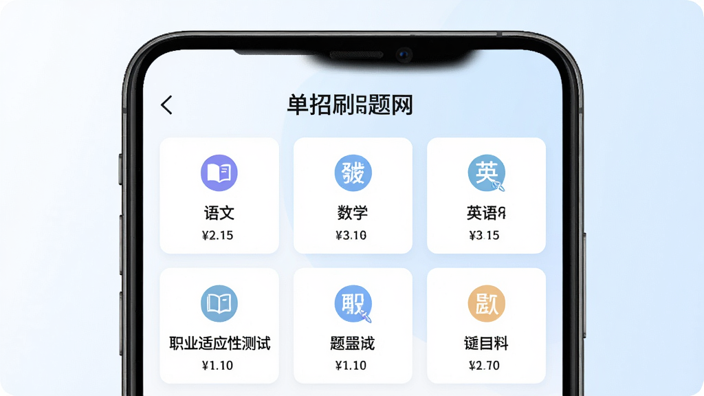 ����ˢ������������棬����չʾ�ֻ���Ļ�е���ˢ����APP�Ŀ�Ŀѡ��ҳ�棬��Ļ�Ϸ��С�����ˢ�������������·��Կ�Ƭ��ʽ�������ġ���ѧ��Ӣ�ְҵ��Ӧ�Բ��Եȿ�Ŀ��ÿ����Ƭ���ж�Ӧͼ�����Ŀ����������Ϊ��ɫ������ɫ����ͽ��䣬�������룬����Լ�ִ������������ɾ����޶���Ԫ��