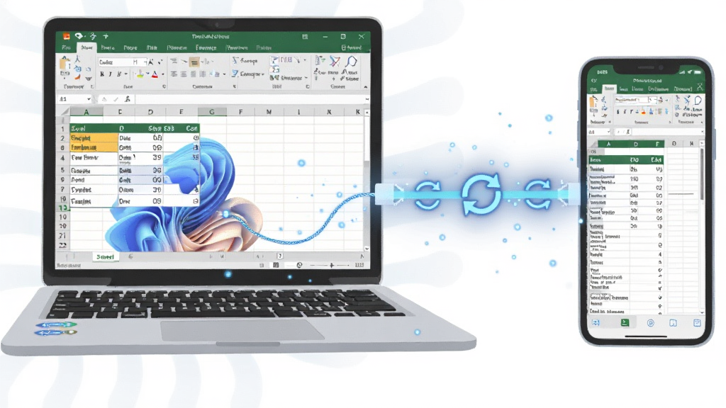 һ��չʾ Office 365 ���豸ͬ����ͼƬ�����������һ̨�򿪵ıʼǱ����ԣ���Ļ��ʾ Excel �����Ҳ���һ�������ֻ�����Ļ��ʾͬһ�ݱ�����ƶ�����ͼ������֮����һ���������ɫ���������ӣ�����������ͬ����ͷͼ�꣬����Ϊ���ҶԳƣ����Ϊ�������廭��ϸ������Ļ���������ɱ棬�����������ӹ�Ч������Ϊ���� 4K���ɾ��������޶���Ԫ�ء�