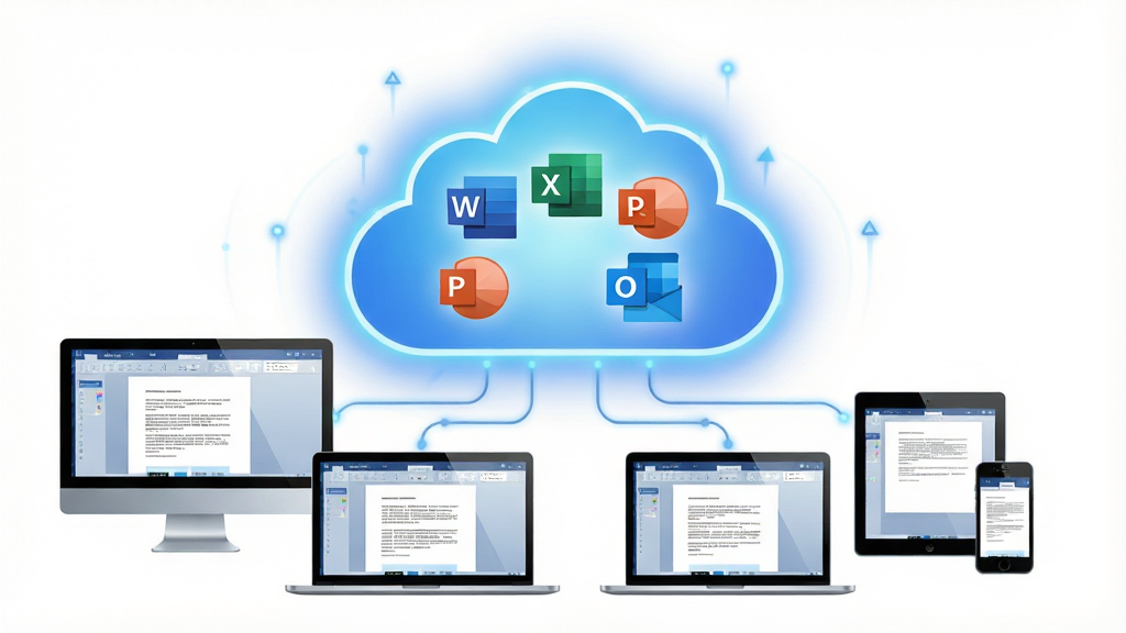 һ��չʾ Office 365 ����ȫò��ͼƬ�����������Ƿ�����ƶ�ͼ�꣬�ڲ����� Word��Excel��PowerPoint��Outlook ��Ӧ��ͼ�꣬�ƶ��·�������̨ʽ�����ʼǱ���ƽ����ֻ������豸���豸��Ļ����ʾ�ĵ��༭���棬���岼�ֲ��û���ʽ��ͼ���ƶ���У��豸�ʻ������У����Ϊ�ִ��Ƽ��б�ƽ����ƣ�ϸ�����ƶ��н�����ɫ���Σ��豸��Ļ��΢�ⷴ�䣬����Ϊ���� 4K���ɾ��������޶���Ԫ�ء�