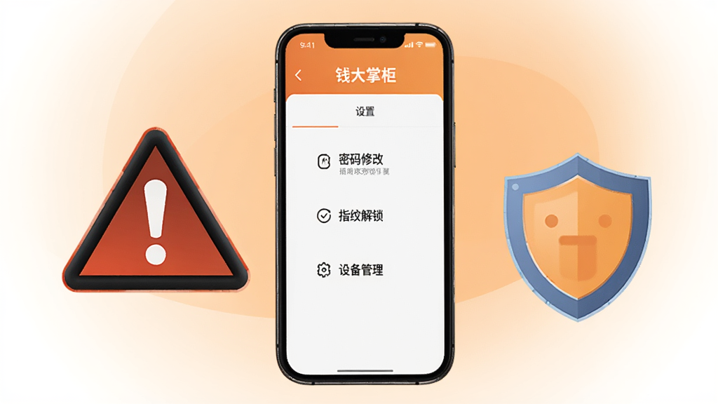 ��������չʾһ���ֻ����ֻ���Ļ��ʾ��Ǯ���ƹ�App�İ�ȫ����ҳ�棬ҳ�����������޸ġ�ָ�ƽ������豸������ѡ��ֻ��Ա���һ����ʾ��־�Ͷ���ͼ�꣬����Ϊǳ��ɫ���䣬���������Ŀ�����ּ�࣬���ʸɾ��޶���Ԫ�ء�
