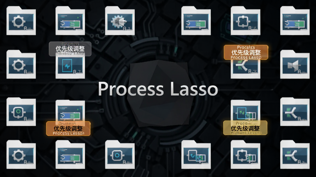 一张展示Process Lasso ProBalance功能的示意图,画面中央是软件名称“Process Lasso”,周围环绕多个进程图标,其中几个被高亮标注为“优先级调整”,背景为深色科技纹理,布局左右对称,风格专业简洁,细节清晰,高画质,干净无多余元素