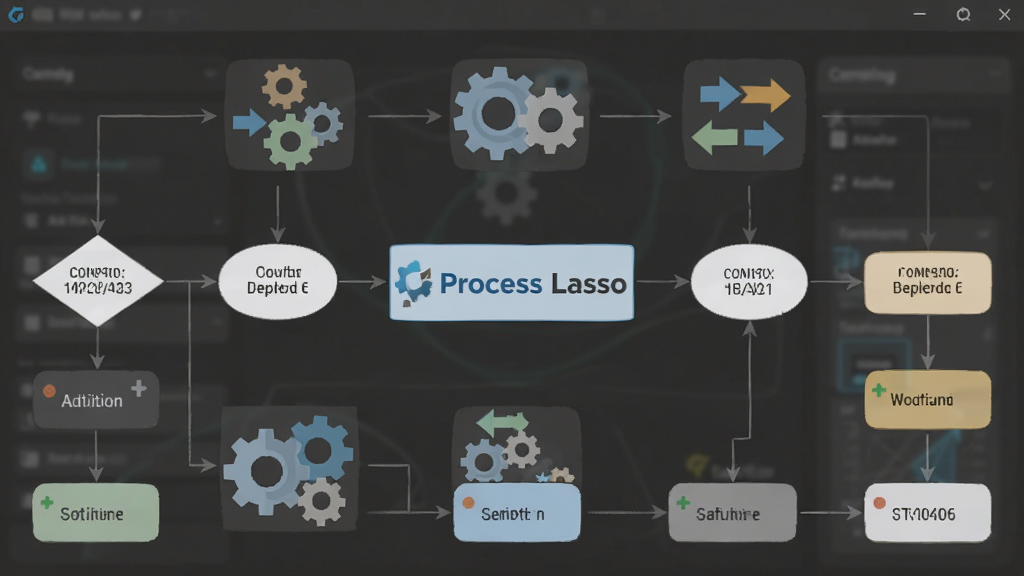 自动化规则配置界面,画面中央有“Process Lasso”标识,周围有齿轮与流程箭头图标,风格扁平化设计,布局为流程图样式,细节包含条件判断与动作节点,画质清晰,干净无多余元素