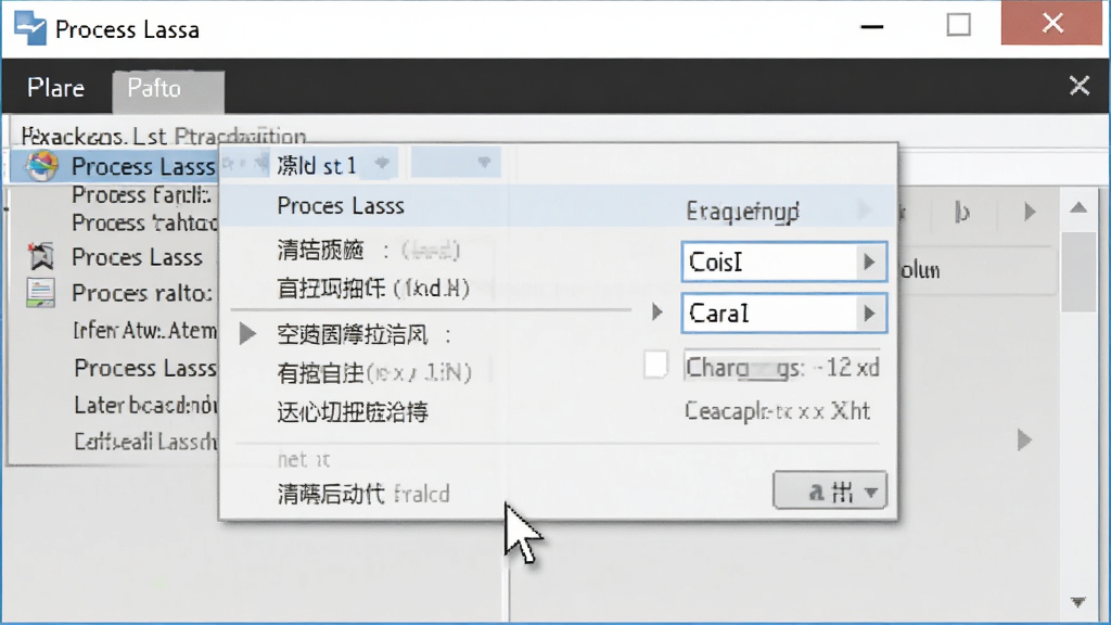 Process Lasso 操作界面特写,画面中显示进程右键菜单与优先级选项,软件名称“Process Lasso”位于标题栏,风格写实截图风,布局为局部放大,细节包含鼠标指针与菜单项,画质清晰,干净无多余元素