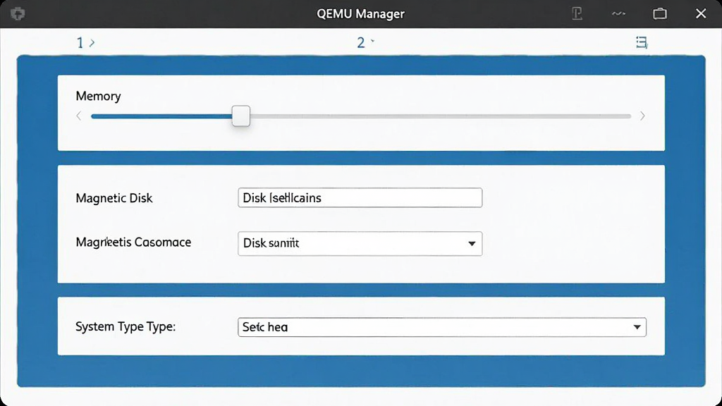 一张展示QEMU Manager新建虚拟机向导界面的图片,主体是配置窗口,布局为分步设置面板,排版整齐,风格为现代软件界面,细节包括内存滑块、磁盘选择框和系统类型下拉菜单,画质清晰,干净,无多余元素