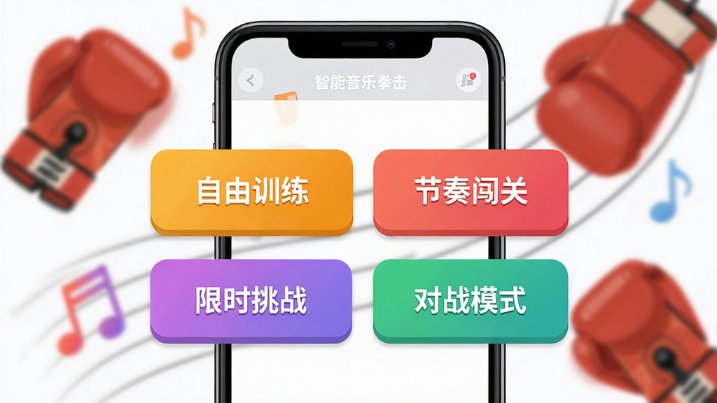 ��������������ȭ��APP��ѵ��ģʽѡ����棬����Ϊ�ֻ���Ļ��д���У��Ű�����ʾ������ѵ���������ള�ء�����ʱ��ս������սģʽ���ĸ���ɫ��ť�����Ϊ��ƽ��UI��ƣ�ϸ�ڰ���������ģ����ȭ�����׺�����Ԫ�أ�����Ϊʸ�����壬�ɾ����޶���Ԫ��
