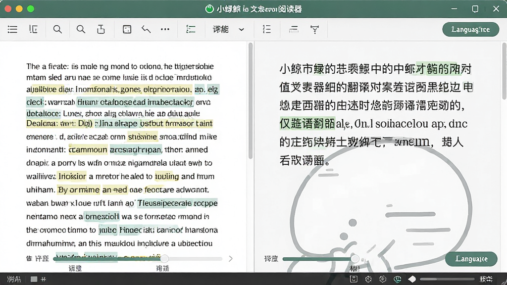 小绿鲸英文文献阅读器智能翻译对照功能界面,主体为左右分栏的阅读窗口,左侧显示英文原文,右侧显示中文翻译,布局为上下结构包含工具栏和状态栏,排版整齐对称,风格为清爽学术风,细节包含高亮术语、翻译进度条、语言切换按钮,画质清晰干净,无多余元素