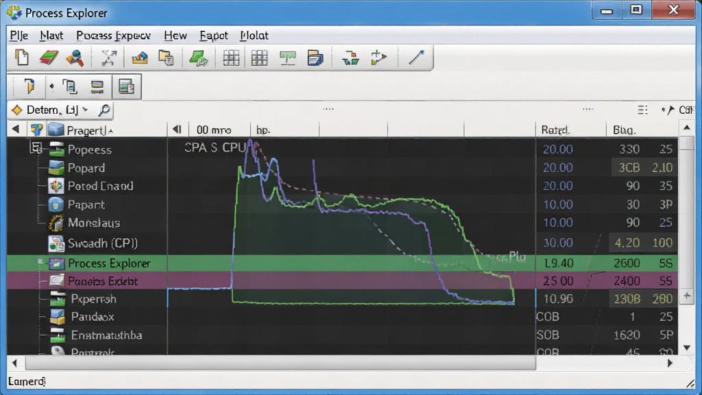 һ��չʾProcess Explorer�����������ͼƬ���������������ڣ�����Ϊ�Ϸ����������·�������״�б����Ű���У����Ϊ�ִ��Ƽ��У�ϸ�ڰ���CPUռ������ͼ������ͼ��Ͳ�ɫ������ʾ������������������ʾ