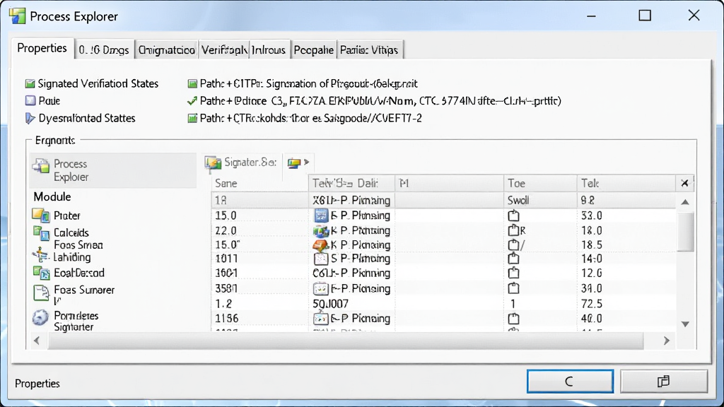 һ��չʾProcess Explorer�������Դ��ڵ�ͼƬ����������ϸ��Ϣ�Ի��򣬲���Ϊ���ǩҳ�ṹ���Ű����������Ϊϵͳ���߽��棬ϸ�ڰ���ǩ����֤״̬��·����Ϣ��ģ���б�������������������ʾ