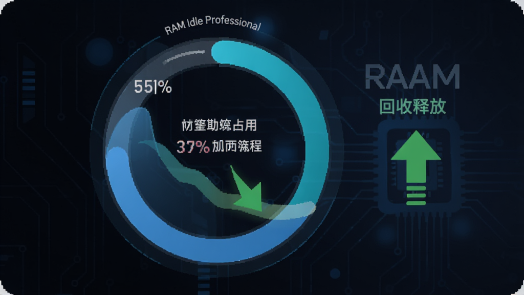 一张展示RAM Idle Professional智能内存回收功能的示意图,画面中有一个动态的环形图表,显示内存占用从高到低的变化过程,旁边有绿色箭头表示回收释放,背景是科技感十足的深色渐变,风格简洁现代,画质清晰,无多余元素