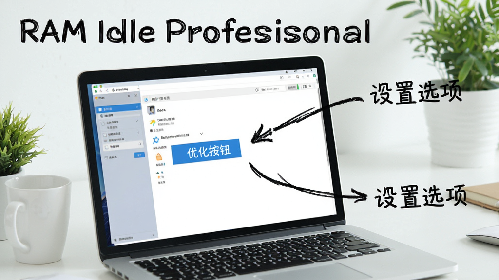 一张展示RAM Idle Professional使用教程的示意图,画面中有一台笔记本电脑屏幕显示软件界面,旁边有手绘风格的箭头指向“优化按钮”和“设置选项”,背景是简洁的书桌环境,风格清新明快,画质清晰,无多余元素