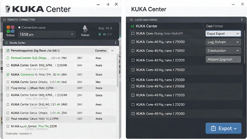 һ��չʾKUKA CenterԶ����ά����־�������ܵĳ���ͼ���������ΪԶ�����ӽ��棬�Ҳ�Ϊ��־�б��뵼����ť�����ֲ������ҷ������Ű���������Ϊ�������磬ϸ�ڰ�������״̬ͼ�ꡢ��־��Ŀ��������ʽѡ��ȣ���������������ɾ����޶���Ԫ�أ�ͼƬ�����ֱ�ע��KUKA Center��