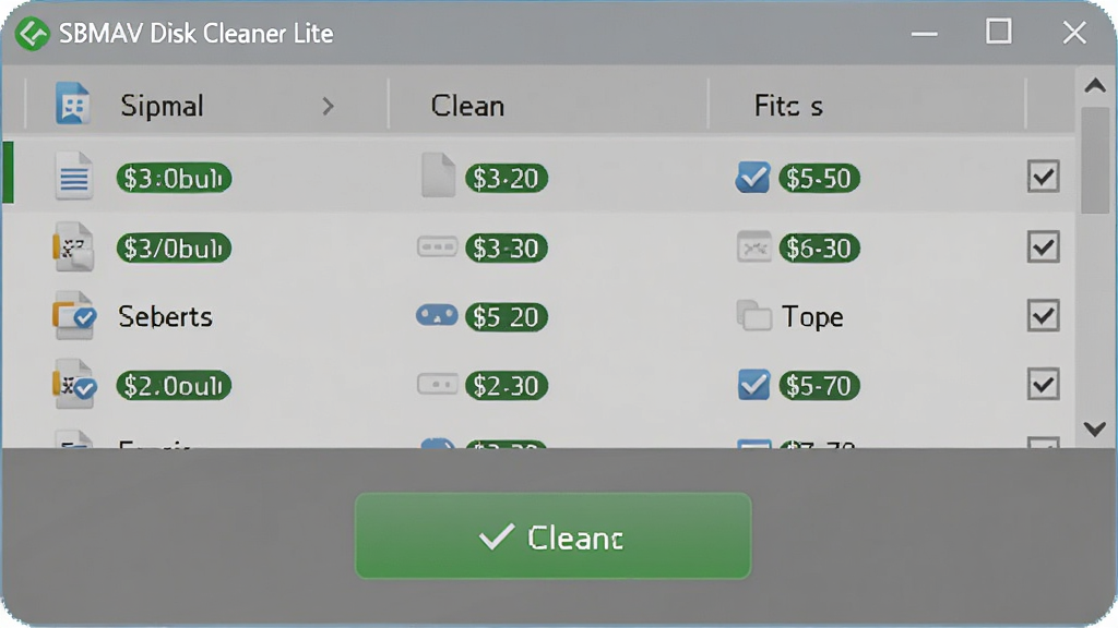 一张展示SBMAV Disk Cleaner Lite一键清理功能的图片,主体为软件清理确认弹窗,布局采用上下结构,上方为文件列表,下方为清理按钮,风格为柔和圆角现代风,细节包括绿色确认按钮、文件大小标签和勾选框,画质清晰,画面干净,无多余元素。