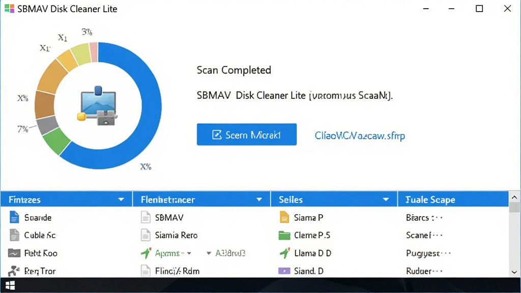 一张展示SBMAV Disk Cleaner Lite在Windows系统下运行状态的图片,主体为软件扫描完成后的结果汇总界面,布局采用上下分区排版,上方为磁盘容量环形图,下方为文件分类明细列表,风格为清爽商务风,细节包括蓝色高亮按钮、文件类型图标和清理建议文字,画质清晰,画面干净,无多余元素。