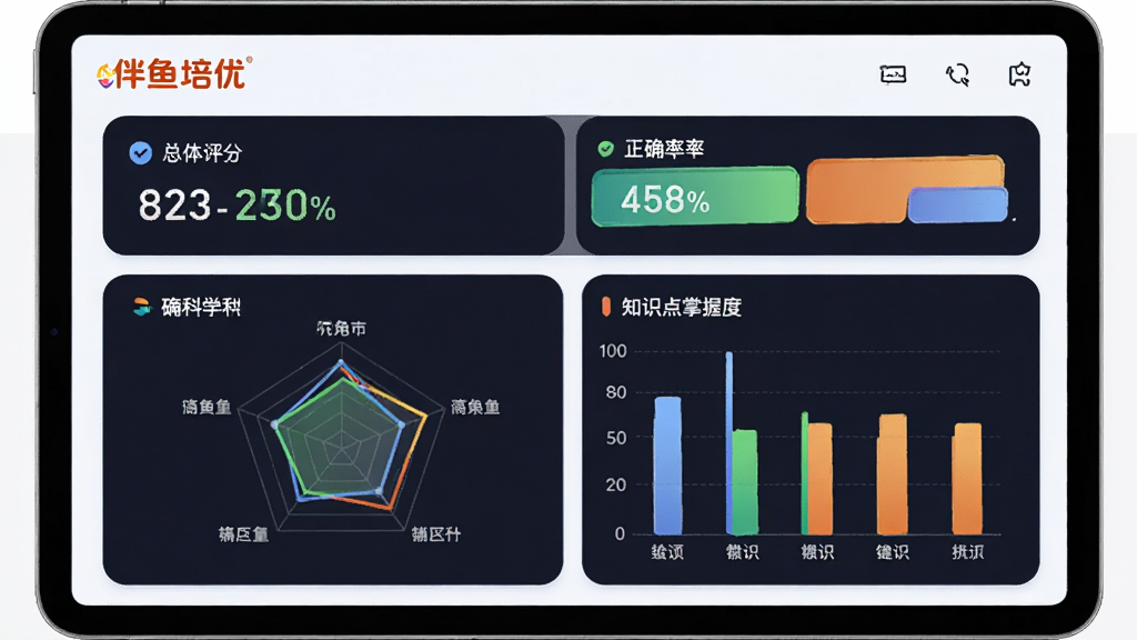 ��������ѧ�鱨��ҳ�棬����Ϊһ̨ƽ�������ʾѧϰ�����Ǳ��̣�����Ϊ���½ṹ���Ϸ�Ϊ�������֡��·�Ϊ�����״�ͼ����״ͼ���Ű���������Ϊ���ݿ��ӻ����ϸ�ڰ�����������logo����ȷ�ʰٷֱȡ�֪ʶ�����ն�ɫ�飬���ʸ��壬����ɾ����޶���Ԫ��