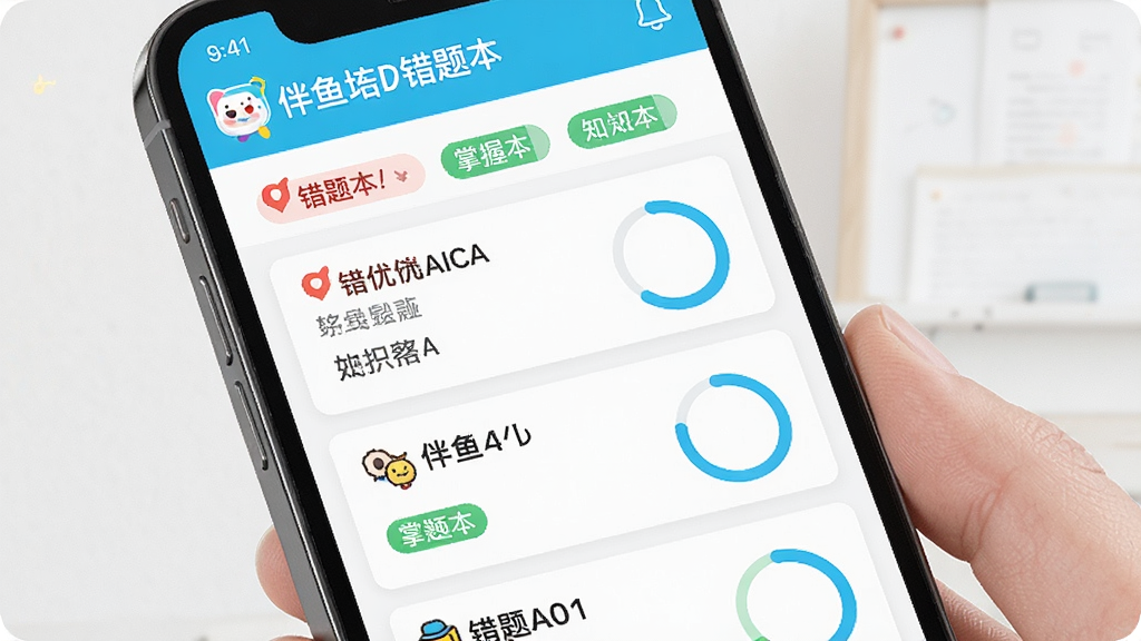 ��������AI��ϰ����Ȿ���ܽ��棬����Ϊһ���ֻ���Ļ��д����Ļ����ʾ�������ŵĴ��Ȿ�б���֪ʶ���ǩ������Ϊ��ֱ���У��Ű����������Ϊ��ƽ��UI��Ʒ磬ϸ�ڰ�����ɫ�����ǡ���ɫ���ձ�ǩ�����Ȼ�ͼ�����ʸ��壬����ɾ����޶���Ԫ��