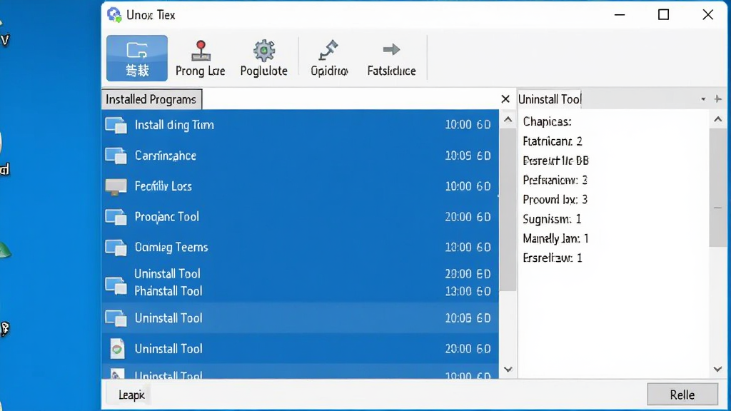 Uninstall Tool 软件界面截图,画面中央显示软件主窗口,左侧为已安装程序列表,右侧为详细信息面板,顶部工具栏显示卸载、强制卸载、安装监视等按钮,界面风格简洁清爽,蓝白配色,背景为纯色桌面,整体画质清晰,干净无多余元素