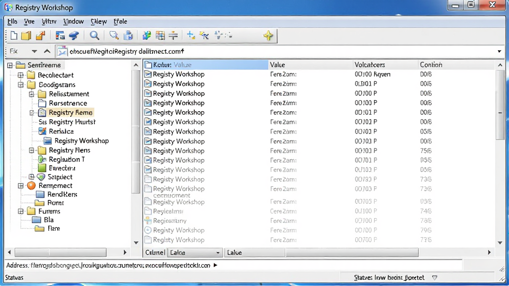 Registry Workshop �����������ͼ������ΪWindows������һ��ע����༭�������ڣ��������Ŀ¼չʾע��������Ҳ��б���ʾ��ֵ���ݣ������������Ű���������Ϊרҵ�������棬ϸ�ڰ����˵�������������ť����ַ����״̬���������������ɾ����޶���Ԫ��