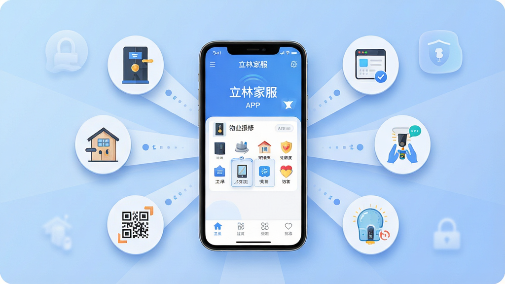 һ��չ�����ּҷ��������Ĺ��ܵĳ����廭��������һ�������ֻ���Ļ��ʾ���ּҷ�APP�����棬��Ļ��Χ�����������Ž�����ҵ���޹������ÿͶ�ά�롢���ܼҾ��豸ͼ�꣬����Ϊ�����ֻ�����������Ԫ�أ��Ű���÷���״��ͼ�����Ϊ�ִ��Ƽ���ƽ�廭��ϸ�ڰ�����͵���ɫ���䱳����ϸ΢����Ӱ��������ͼ�����������ʸ��壬�ɾ����޶���Ԫ��