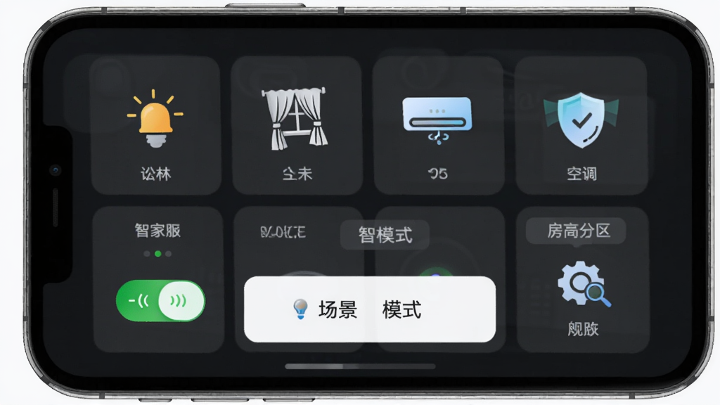 ���ּҷ�APP���ܼҾӿ�����壬����Ϊ�ֻ���Ļ��ʾ�ƹ⡢�������յ�������ͼ�꣬����Ϊ����״���У��Ű��࣬���Ϊ�ִ����ܼҾ�UI��ϸ�ڰ����豸����״̬������ģʽ��ť�����������ǩ�����ʸ��壬�ɾ����޶���Ԫ��