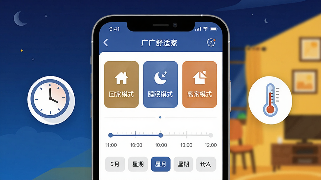 ��������һ���ֻ���Ļ��ʾ�й����ʼ�APP�ĳ����༭���棬�������С��ؼ�ģʽ����˯��ģʽ�������ģʽ��������ť����ť�·���ʱ����������ѡ�������ֻ����Ư��һ��ʱ��ͼ�꣬�Ҳ�Ư��һ���¶ȼ�ͼ�ꣻ����Ϊ���������ɫҹ����ů��ɫ���ڵƹ�Աȣ����Ϊ��ƽ��UI�廭��ϸ�ڰ�����ť�ϵ�Сͼ�ꡢʱ�����ϵĿ̶��ߡ��¶ȼ�ˮ���������ʸɾ��������޶���װ��