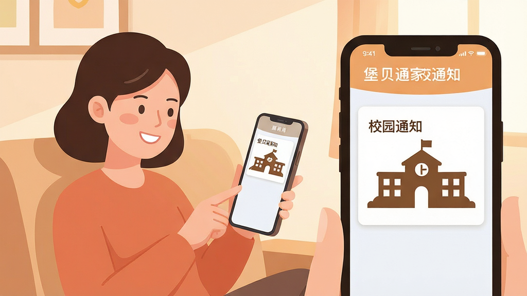 һ��չʾ����ͨ��У֪ͨ���ܵĳ����廭��������һλ�ҳ�����ɳ���Ͽ����ֻ�΢Ц���ֻ���Ļ�ڵ�������ͨ��֪ͨ��Ƭ����Ƭ��д�š�У԰֪ͨ���������Ա����׶�԰������Ӱ������Ϊ�����һ��������ܰ��ƽ����ϸ���Ϲ�����͡�ɫ����ů�����������ɾ����޶���Ԫ��