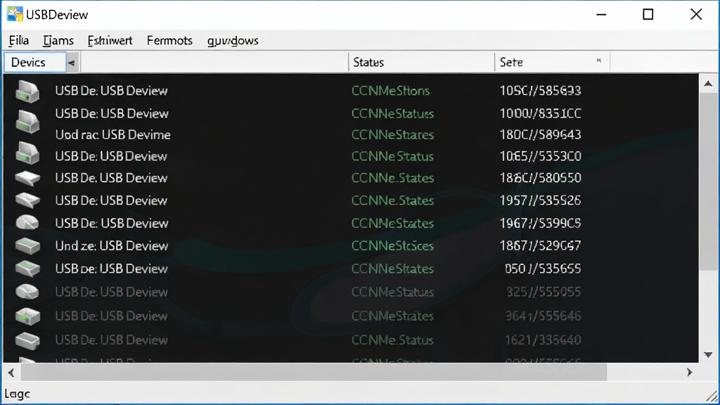 USBDeview 软件主界面截图,主体为 Windows 桌面窗口,布局为上方菜单栏与下方设备列表,排版整齐清晰,风格为简洁科技风,细节包含 USB 设备图标、设备名称、连接状态、序列号等信息,画面干净无多余元素,高清画质,软件名称