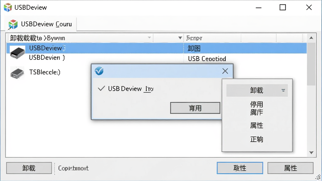 USBDeview 卸载设备操作界面,主体为软件窗口与确认弹窗,布局为列表选中设备后弹出操作菜单,排版简洁,风格为实用工具风,细节包含卸载、停用、属性等按钮,画面干净无杂乱,高清画质,软件名称