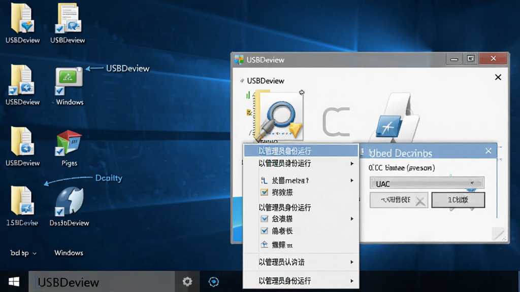 USBDeview 以管理员身份运行操作示意图,主体为 Windows 右键菜单与软件图标,布局为桌面文件列表与弹出菜单,排版清晰,风格为教程截图风,细节包含“以管理员身份运行”选项、UAC 弹窗、软件主界面,画面干净,高清画质,软件名称