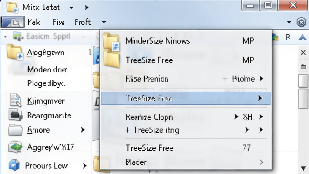 Windows ��Դ�������Ҽ��˵�����ʾ TreeSize Free ѡ��Ľ�ͼ���廭������Ϊ�Ҽ��˵����ļ���ͼ�꣬����Ϊ�ֲ���д�����Ϊдʵ���棬ϸ�ڰ����˵���������ļ��б��������ʸ��壬�ɾ����޶���Ԫ��